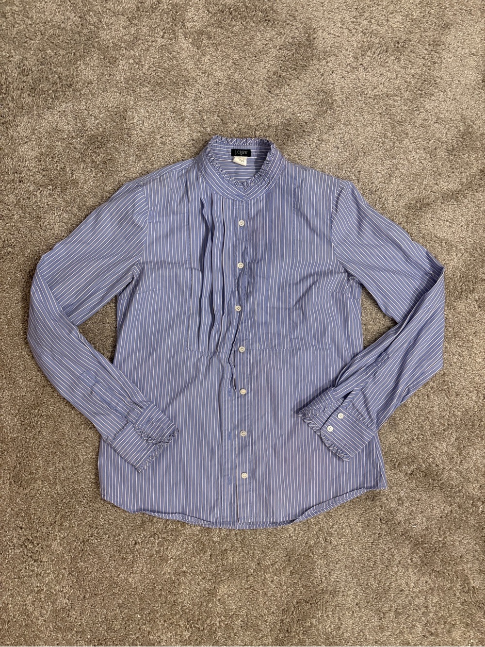 J.CREW Women's 2000s 100% Cotton Blue/White Striped Ruffle Long Sleeve Blouse S